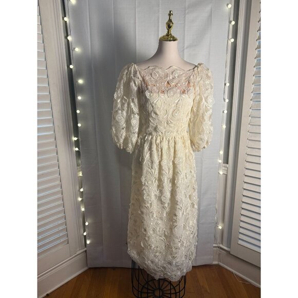 Vintage Richilene Lace Dress With Embroidered Floral Design & Puff Sleeves - Picture 1 of 12